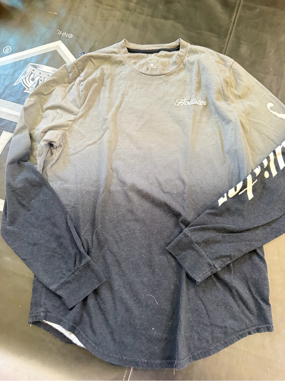 Hollister Men's Black to Gray Ombre Long Sleeve Crew Tee